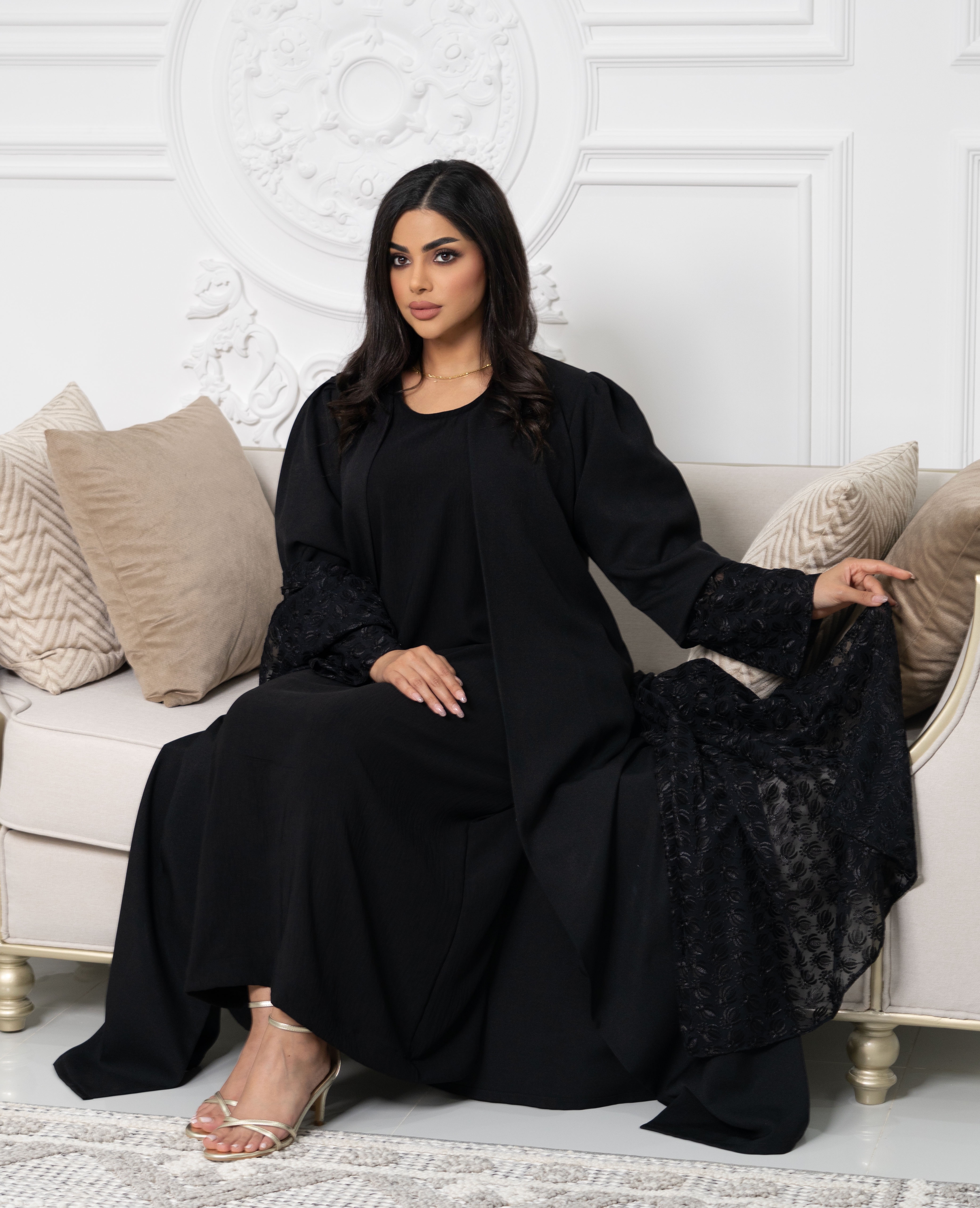 Noir Lace Wrap — black abaya with sheer lace cuffs and hood